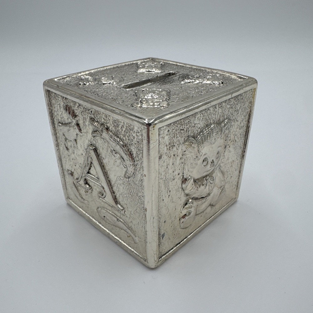 Vintage Himark Silverplate Baby Block Coin Bank Made in Japan 3" Nursery